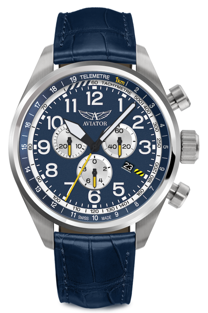 Aviator Swiss calfskin strap for AIRACOBRA P45 Chrono model - blue with steel buckle