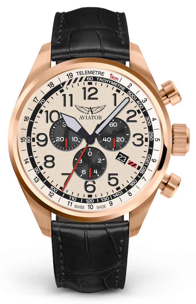 Aviator Swiss calfskin strap for AIRACOBRA P45 Chrono model - black with gold buckle