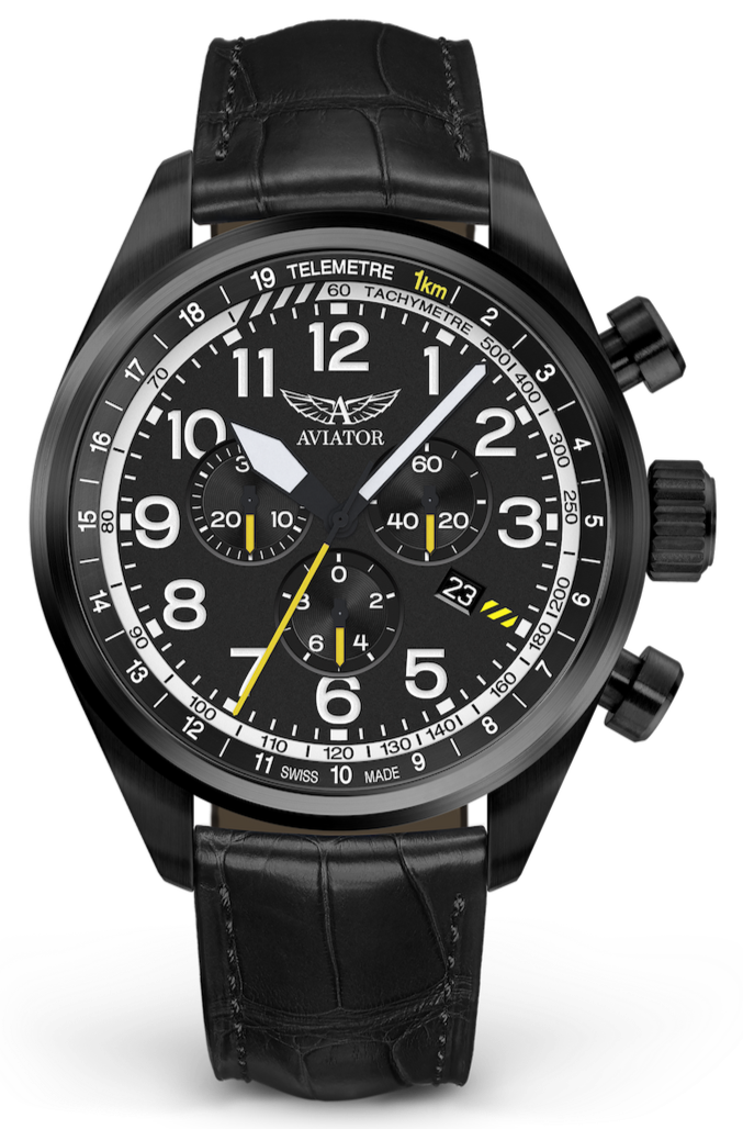 Aviator Swiss calfskin strap for AIRACOBRA P45 Chrono model - black with black buckle