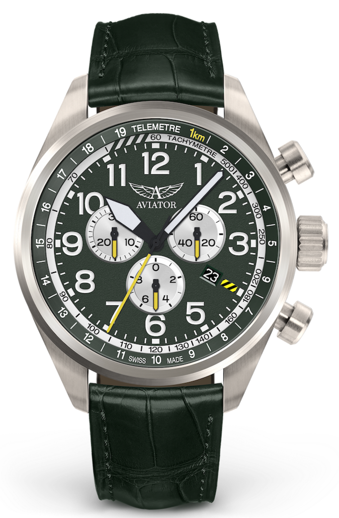 Aviator Swiss calfskin strap for AIRACOBRA P45 Chrono model - green with gray buckle