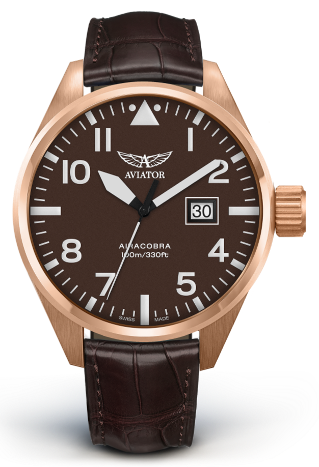 Aviator Swiss calfskin strap for AIRACOBRA P42 model - brown with gold buckle