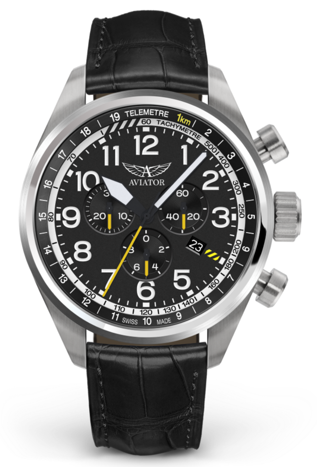 Aviator Swiss calfskin strap for AIRACOBRA P45 Chrono model - black with steel buckle