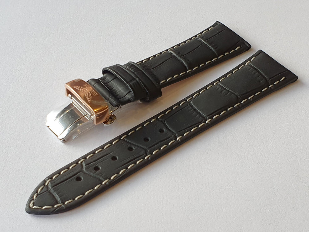 AVIATOR SWISS REMIENOK Z TEĽACEJ KOŽE PRE MODEL HERITAGE CHRONOGRAPH TRIMETER AUTO - Čierny so zlatým butterfly zapínaním